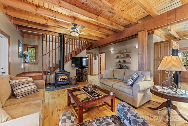 747 Bear Cove Cir, Bryson City, NC 28713 - living area featuring hardwood / wood-style floors, a wood stove, a wood ceiling with exposed beams, and a ceiling fan