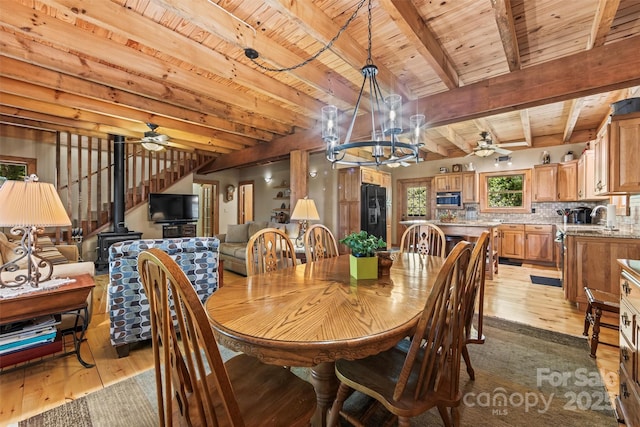 747 Bear Cove Cir, Bryson City, NC 28713 - dining area with a wood stove, a ceiling fan, light wood-type flooring, a chandelier, and a wood ceiling with exposed beams