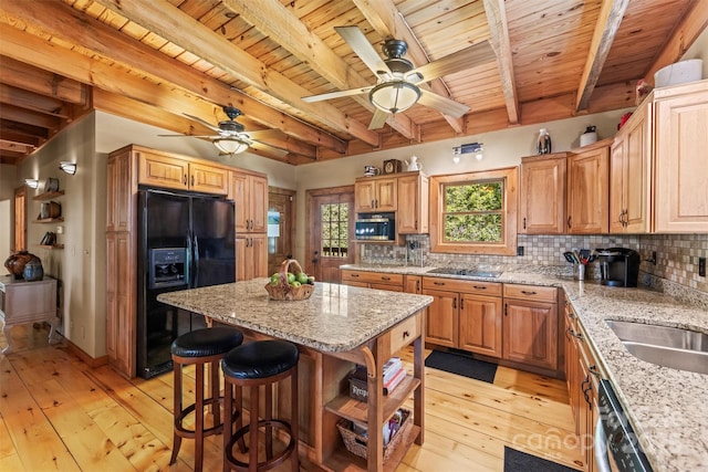 747 Bear Cove Cir, Bryson City, NC 28713 - kitchen featuring black appliances, a wood ceiling with exposed beams, ceiling fan, light wood-type flooring, and decorative backsplash
