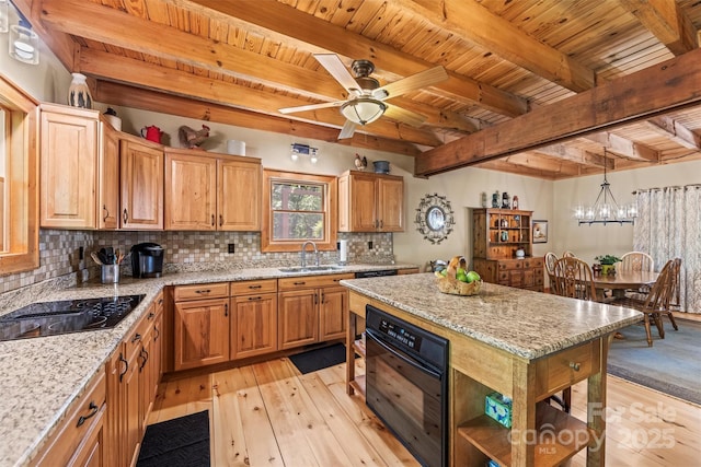747 Bear Cove Cir, Bryson City, NC 28713 - kitchen featuring black appliances, a wooden ceiling with exposed beams, light wood finished floors, light stone countertops, and tasteful backsplash