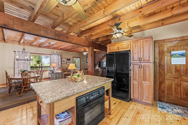 747 Bear Cove Cir, Bryson City, NC 28713 - kitchen featuring black appliances, a ceiling fan, light wood-style floors, a wooden ceiling with exposed beams, and a kitchen island