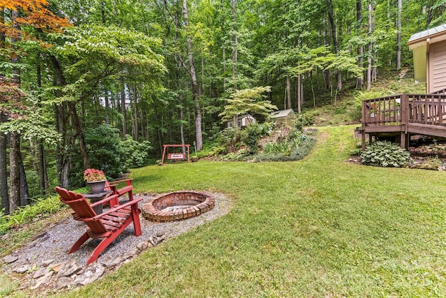 747 Bear Cove Cir, Bryson City, NC 28713 - view of grassy yard with a fire pit, a wooden deck, and a view of trees