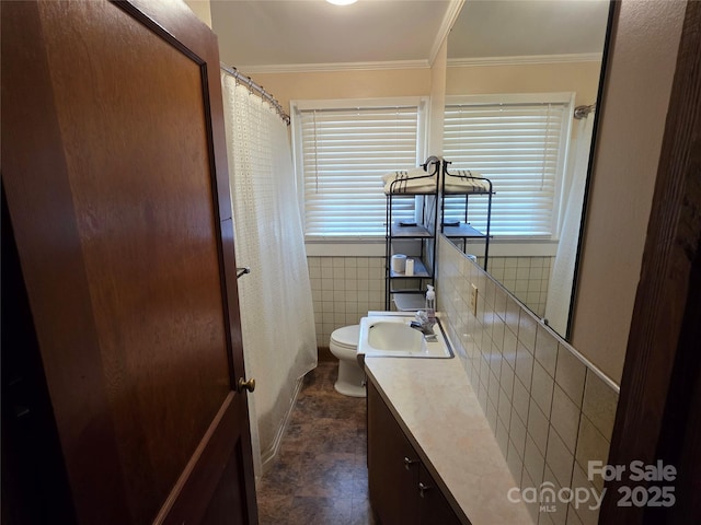 7335 US Highway 52, Salisbury, NC 28146 - bathroom featuring vanity, crown molding, a shower with curtain, and tile walls
