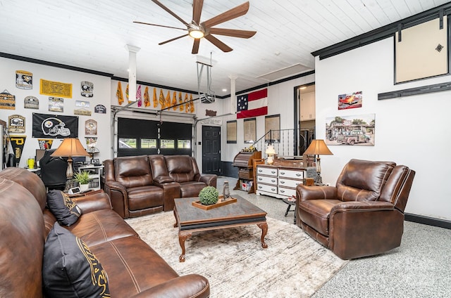 4710 Mooresville Rd, Salisbury, NC 28147 - living room featuring ceiling fan, ornamental molding, and wooden ceiling