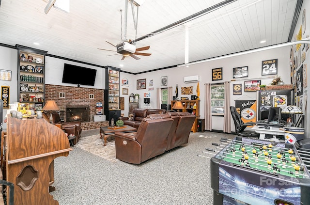 4710 Mooresville Rd, Salisbury, NC 28147 - living room featuring ceiling fan, a brick fireplace, wooden ceiling, recessed lighting, and carpet flooring
