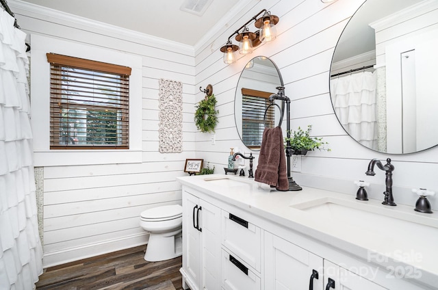 4710 Mooresville Rd, Salisbury, NC 28147 - full bath with ornamental molding, double vanity, wood finished floors, and wooden walls