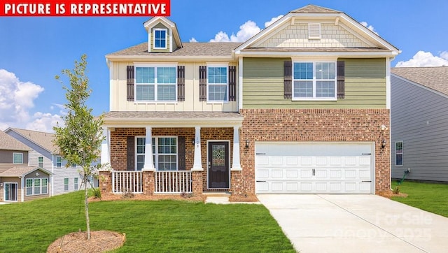 103 Rustling Waters Dr, Mooresville, NC 28117 - view of front of house featuring brick siding, covered porch, a front yard, and concrete driveway