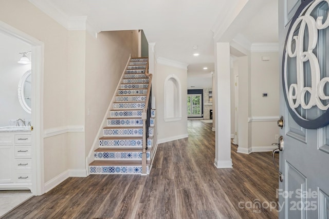 2607 Old Ashworth Ln NW, Concord, NC 28027 - foyer entrance featuring stairway, dark wood-type flooring, ornamental molding, and recessed lighting