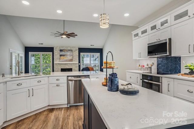 2607 Old Ashworth Ln NW, Concord, NC 28027 - kitchen with appliances with stainless steel finishes, vaulted ceiling, plenty of natural light, light wood finished floors, and ceiling fan
