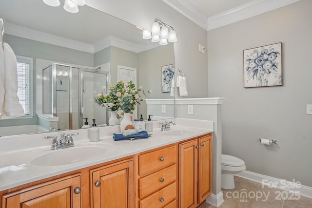 2607 Old Ashworth Ln NW, Concord, NC 28027 - bathroom with a stall shower, double vanity, crown molding, and tile patterned floors