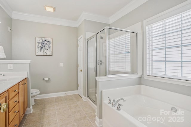 2607 Old Ashworth Ln NW, Concord, NC 28027 - bathroom with a bath, a stall shower, ornamental molding, vanity, and tile patterned flooring
