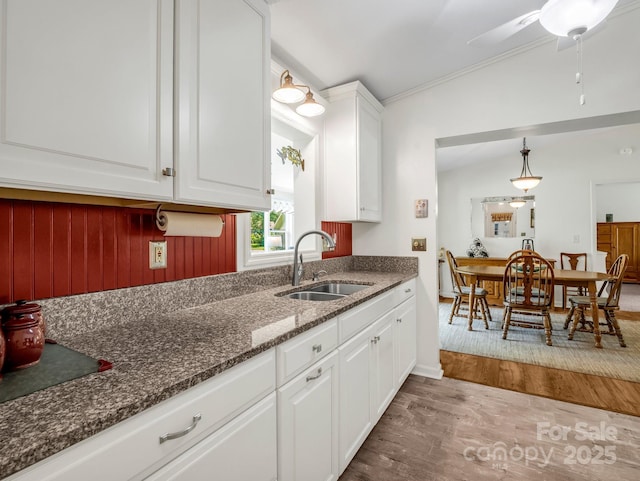 313 Resada Dr, Brevard, NC 28712 - kitchen with white cabinets, wood finished floors, dark stone counters, crown molding, and ceiling fan