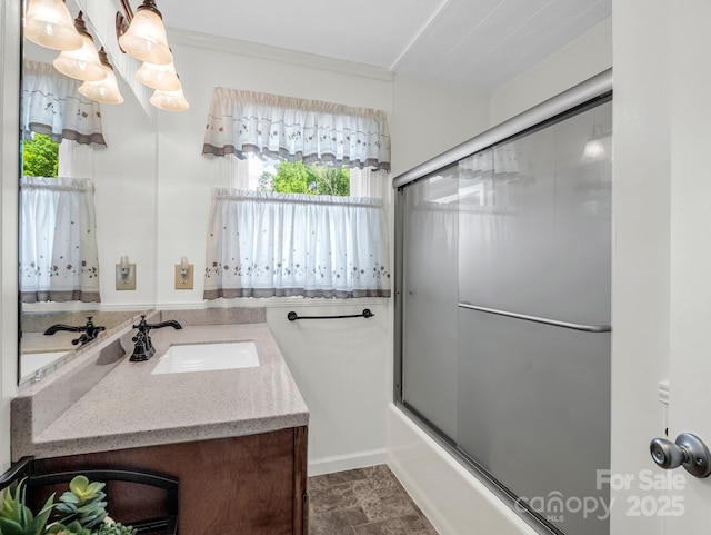 313 Resada Dr, Brevard, NC 28712 - bathroom with vanity, bath / shower combo with glass door, and stone finish floors