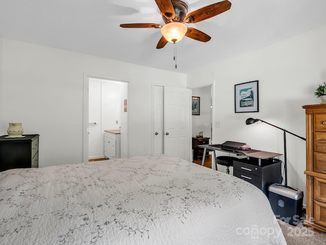313 Resada Dr, Brevard, NC 28712 - bedroom featuring connected bathroom, a ceiling fan, and carpet