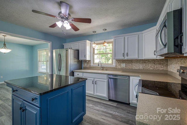 207 Valdese Dr, Morganton, NC 28655 - kitchen with stainless steel appliances, wood finished floors, blue cabinetry, white cabinetry, and a textured ceiling