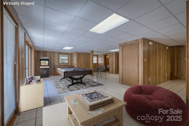 207 Valdese Dr, Morganton, NC 28655 - game room featuring billiards table, a paneled ceiling, wood walls, and light tile patterned floors