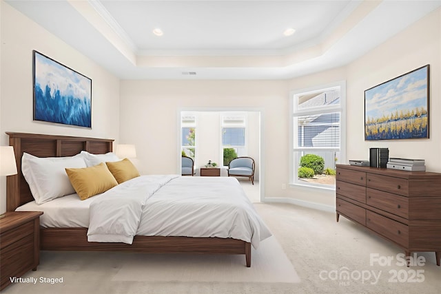 135 Valleymist Ln, Mooresville, NC 28117 - bedroom with crown molding, a tray ceiling, light colored carpet, and recessed lighting