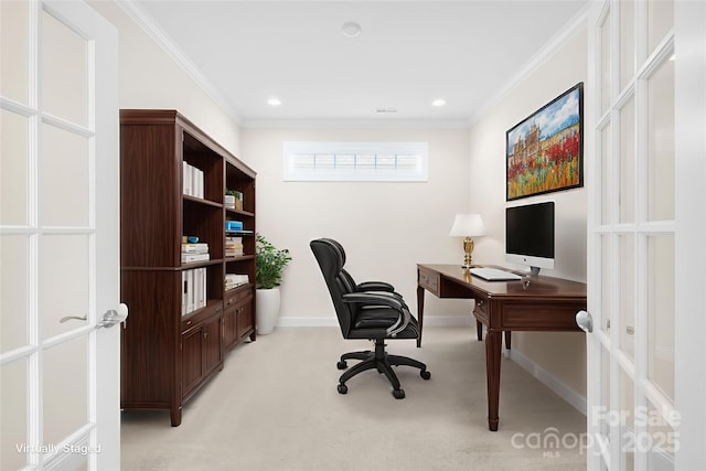 135 Valleymist Ln, Mooresville, NC 28117 - office featuring ornamental molding, light carpet, recessed lighting, and french doors