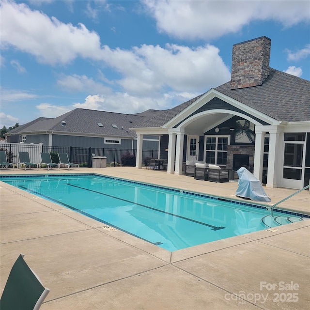 135 Valleymist Ln, Mooresville, NC 28117 - community pool featuring an outdoor living space, a patio, and a ceiling fan