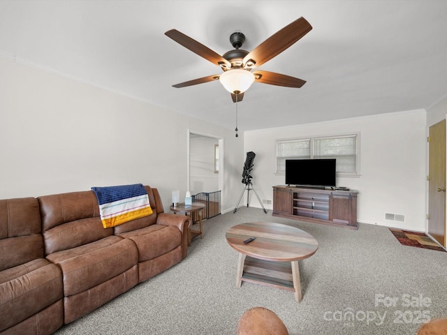 312 Garrison Dr, Albemarle, NC 28001 - living room with carpet floors, ceiling fan, and ornamental molding