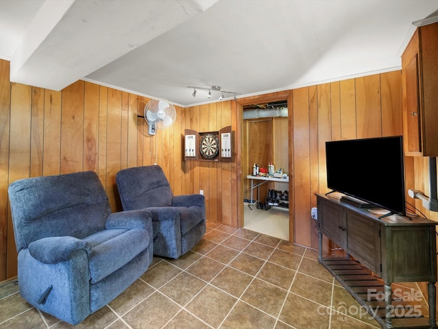 312 Garrison Dr, Albemarle, NC 28001 - living area featuring wooden walls, track lighting, and dark tile patterned flooring