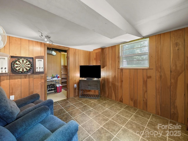 312 Garrison Dr, Albemarle, NC 28001 - tiled living room featuring wooden walls and rail lighting