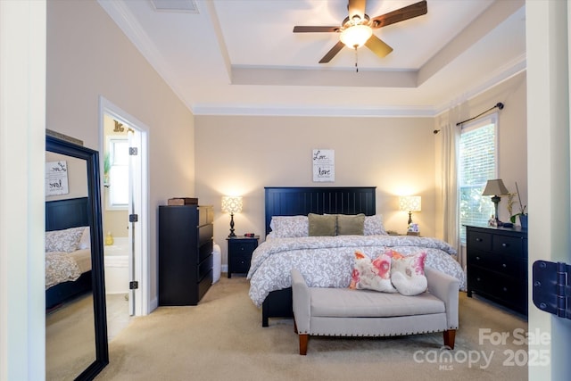 9122 Carneros Creek Rd Unit 25, Charlotte, NC 28214 - bedroom with light colored carpet, a raised ceiling, connected bathroom, and a ceiling fan