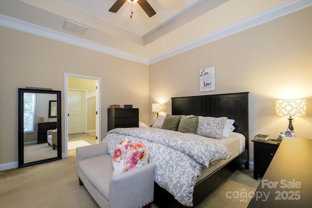 9122 Carneros Creek Rd Unit 25, Charlotte, NC 28214 - bedroom featuring light colored carpet, a tray ceiling, ornamental molding, and a ceiling fan