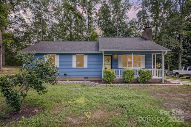 256 Timberland Loop, Mooresville, NC 28115 - ranch-style home featuring covered porch, a chimney, roof with shingles, and a yard
