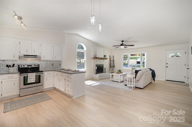 256 Timberland Loop, Mooresville, NC 28115 - kitchen with stainless steel range with electric stovetop, vaulted ceiling, a fireplace, under cabinet range hood, and open floor plan