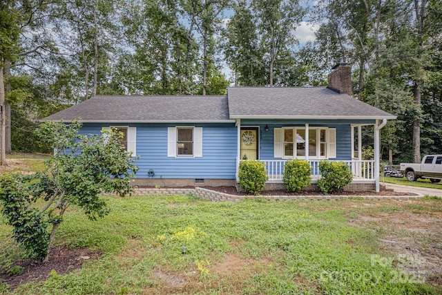 256 Timberland Loop, Mooresville, NC 28115 - ranch-style home featuring covered porch, a chimney, roof with shingles, a front yard, and crawl space