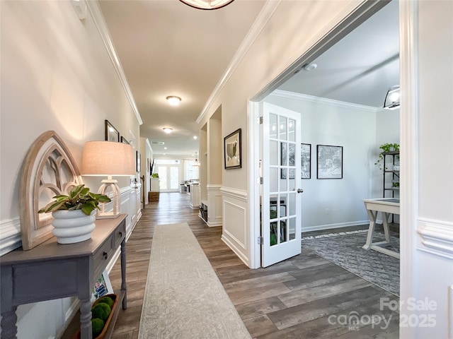1024 Laggan Ln Unit 255, Indian Trail, NC 28079 - hallway featuring wood finished floors, ornamental molding, and a wainscoted wall