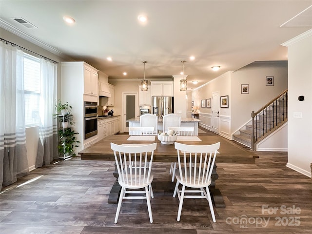 1024 Laggan Ln Unit 255, Indian Trail, NC 28079 - dining room with crown molding, stairway, dark wood-type flooring, and recessed lighting