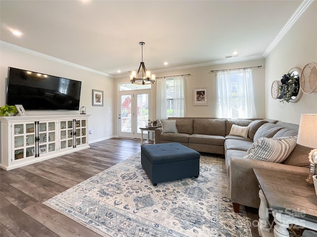 1024 Laggan Ln Unit 255, Indian Trail, NC 28079 - living room with crown molding, wood finished floors, a chandelier, recessed lighting, and french doors