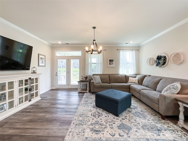 1024 Laggan Ln Unit 255, Indian Trail, NC 28079 - living area with plenty of natural light, a chandelier, ornamental molding, dark wood finished floors, and recessed lighting