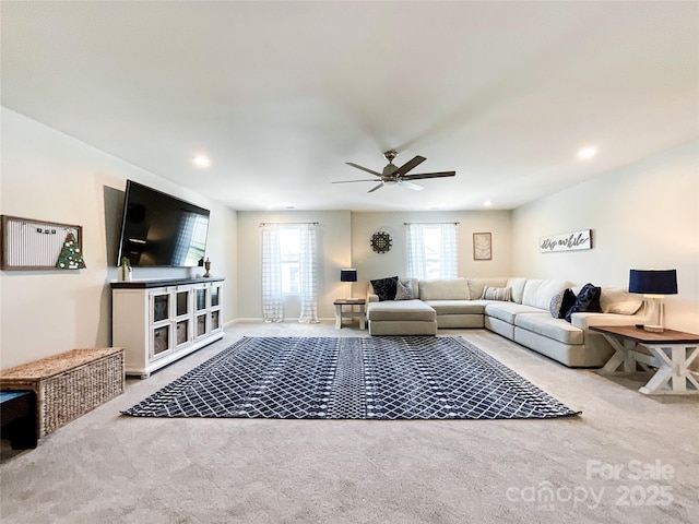 1024 Laggan Ln Unit 255, Indian Trail, NC 28079 - living area with carpet flooring, a ceiling fan, and recessed lighting