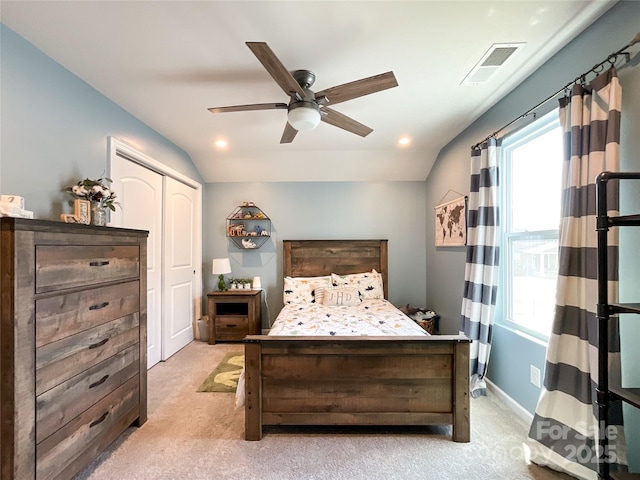 1024 Laggan Ln Unit 255, Indian Trail, NC 28079 - bedroom with light colored carpet, lofted ceiling, a closet, a ceiling fan, and recessed lighting