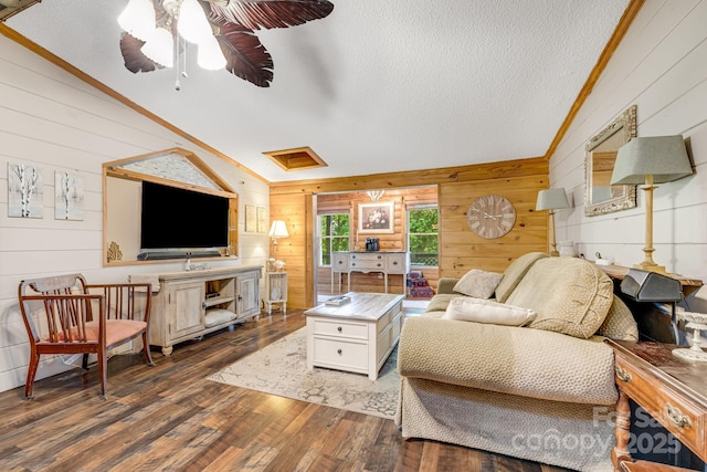 19 Timbers Edge Ln, Fairview, NC 28730 - living area featuring wooden walls, dark wood finished floors, a textured ceiling, and ceiling fan