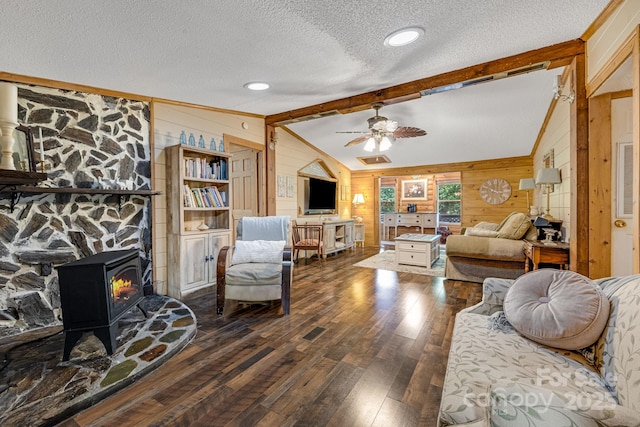19 Timbers Edge Ln, Fairview, NC 28730 - living area featuring wooden walls, a textured ceiling, wood finished floors, and a ceiling fan