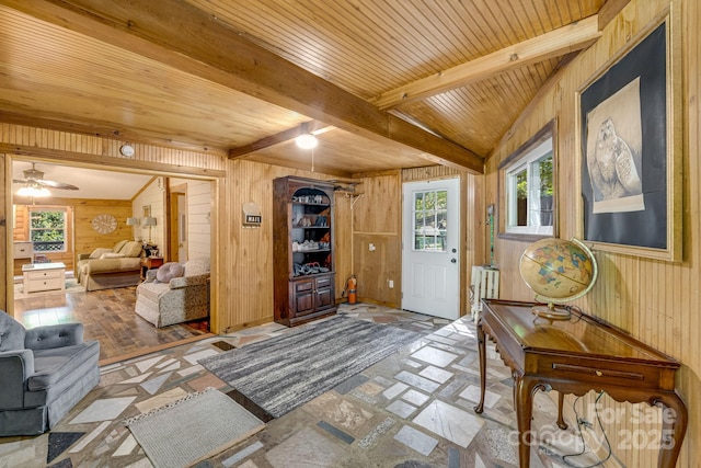 19 Timbers Edge Ln, Fairview, NC 28730 - foyer with wood walls, a wooden ceiling with exposed beams, ceiling fan, and radiator heating unit