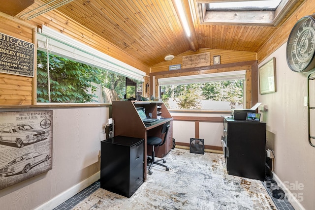 19 Timbers Edge Ln, Fairview, NC 28730 - office area featuring vaulted ceiling, a skylight, wooden ceiling, and wood walls