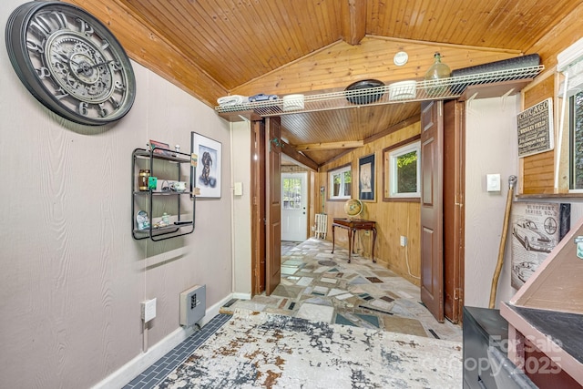 19 Timbers Edge Ln, Fairview, NC 28730 - corridor featuring lofted ceiling, wood ceiling, stone finish floors, and wooden walls