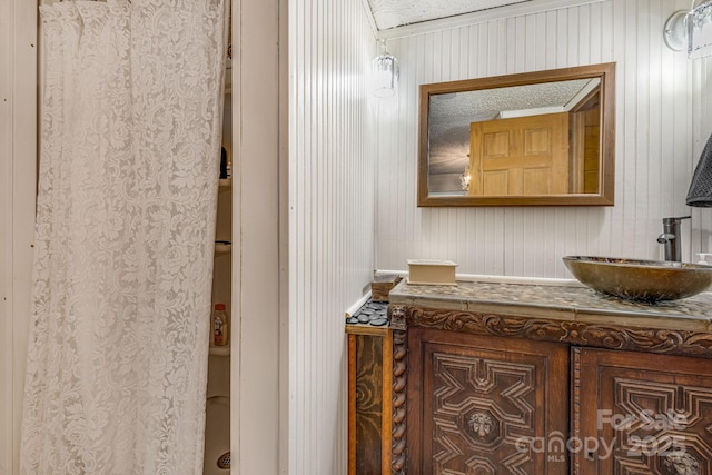 19 Timbers Edge Ln, Fairview, NC 28730 - bathroom featuring vanity, wood walls, and a shower with shower curtain