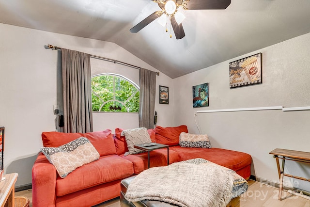 19 Timbers Edge Ln, Fairview, NC 28730 - living area featuring vaulted ceiling, ceiling fan, and wood finished floors