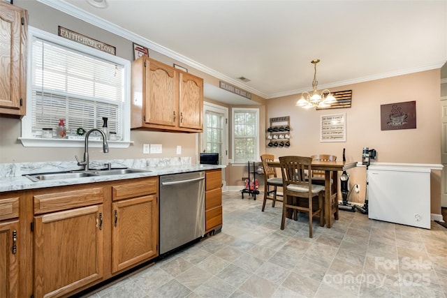 2108 Gambrel Way, Monroe, NC 28112 - kitchen featuring dishwasher, crown molding, healthy amount of natural light, decorative light fixtures, and stone finish flooring