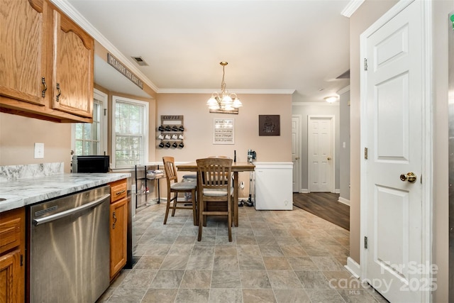 2108 Gambrel Way, Monroe, NC 28112 - kitchen with stainless steel dishwasher, crown molding, a chandelier, stone finish floors, and hanging light fixtures