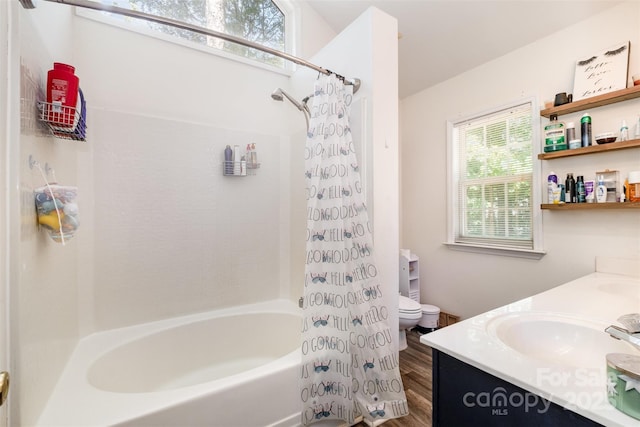 2108 Gambrel Way, Monroe, NC 28112 - bathroom with shower / bath combination with curtain, double vanity, and wood finished floors