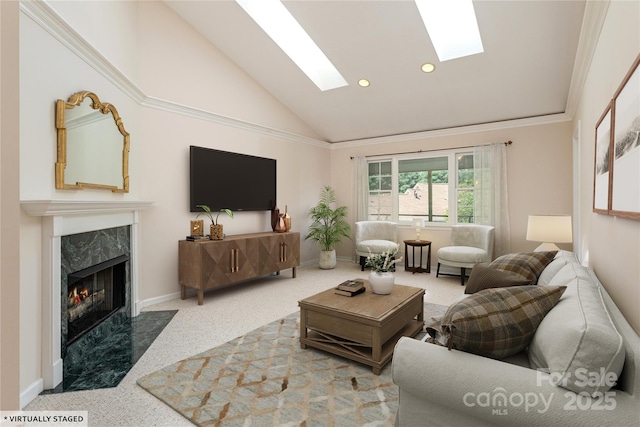 1105 Citation Cir, Hendersonville, NC 28739 - living room with carpet, a skylight, a premium fireplace, recessed lighting, and high vaulted ceiling