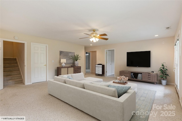 1105 Citation Cir, Hendersonville, NC 28739 - living area with carpet floors, stairway, ceiling fan, and recessed lighting