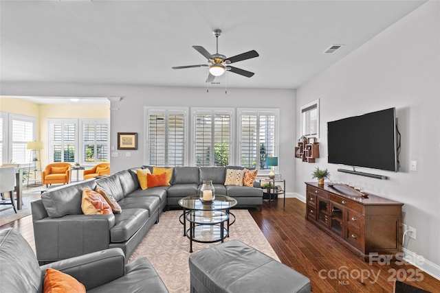 4928 Providence Country Club Dr, Charlotte, NC 28277 - living area featuring wood finished floors, plenty of natural light, and ceiling fan